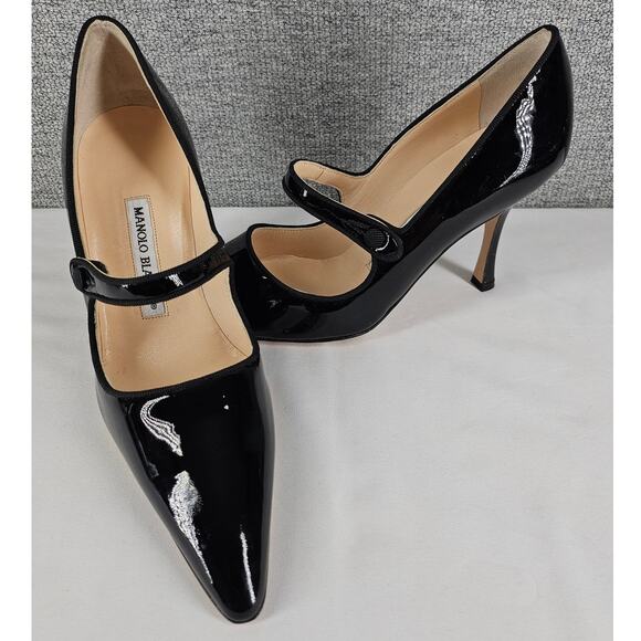 MANOLO BLAHNIK WOMEN'S CAMPARI MARY JANE 3" HEEL PUMPS BLACK PATENT SIZE 6.5 - Picture 9 of 13
